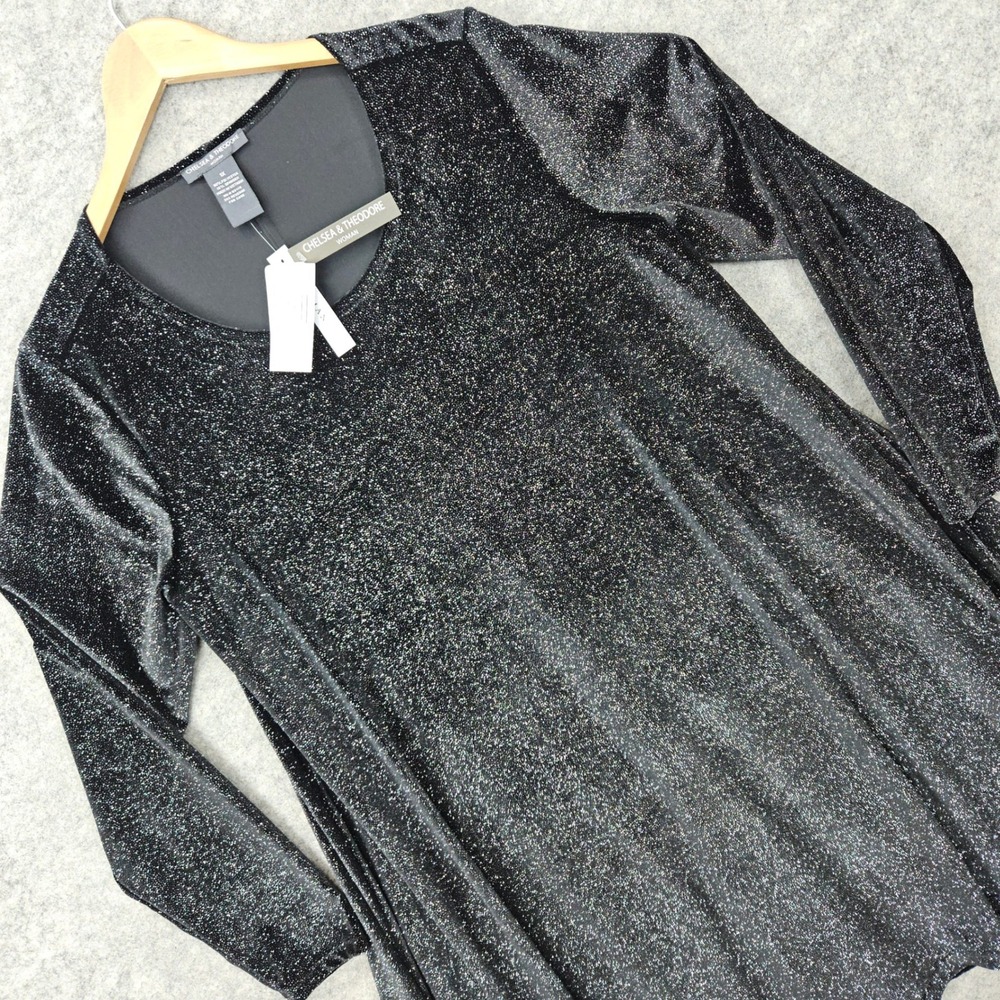 NEW Chelsea & Theodore Tunic Top Women's Black 1X Metallic Glitter Long Sleeve